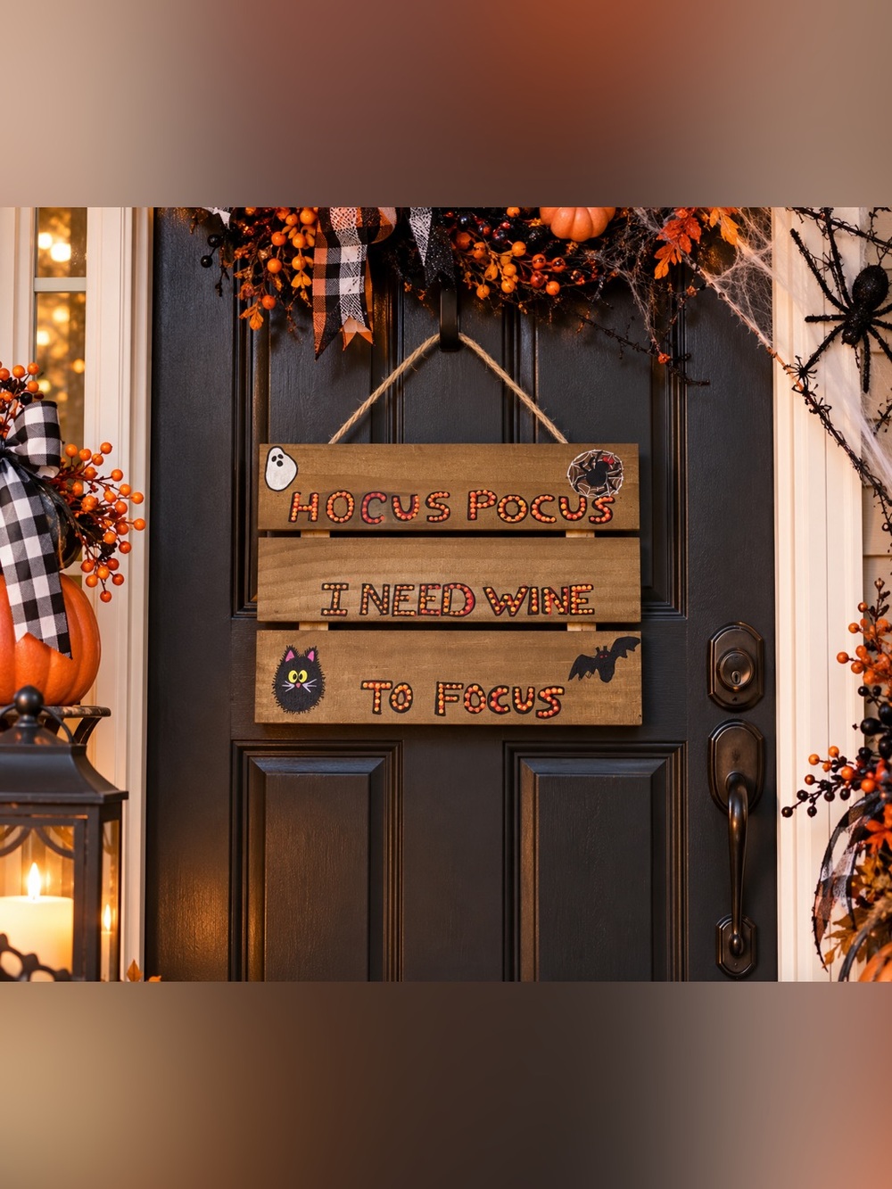 Hand crafted painted Hocus Pocus I Need Wine To Focus wooden frame bat cat ghost